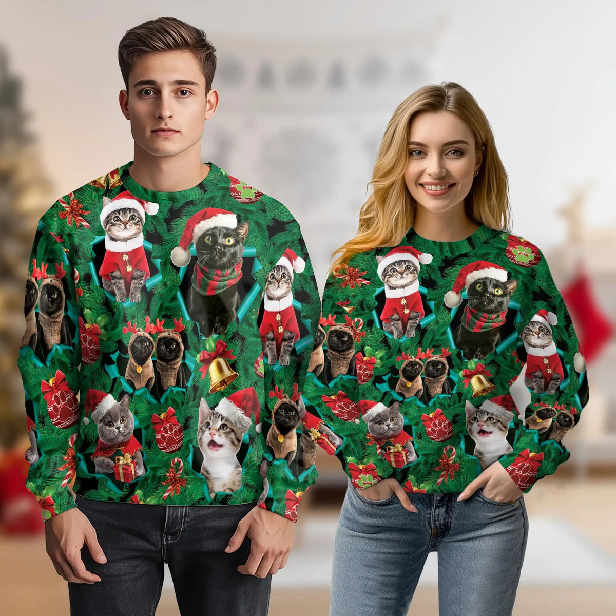 Funny Cats Green Sweatshirt – Colorful Graphic 3D All Over Print Design