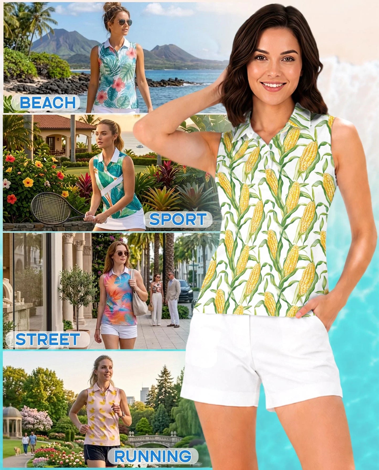 Fresh Corn Cob Pattern Sleeveless Polo Shirt for Women | Azhawaiian