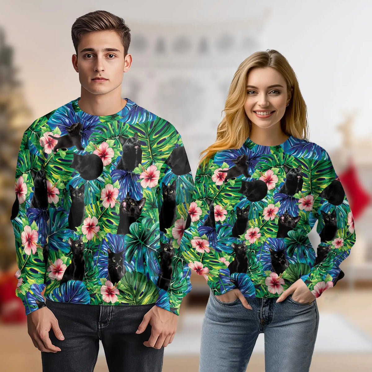 Black Cat Monstera Tropical Sweatshirt – Tropical 3D All Over Print Design
