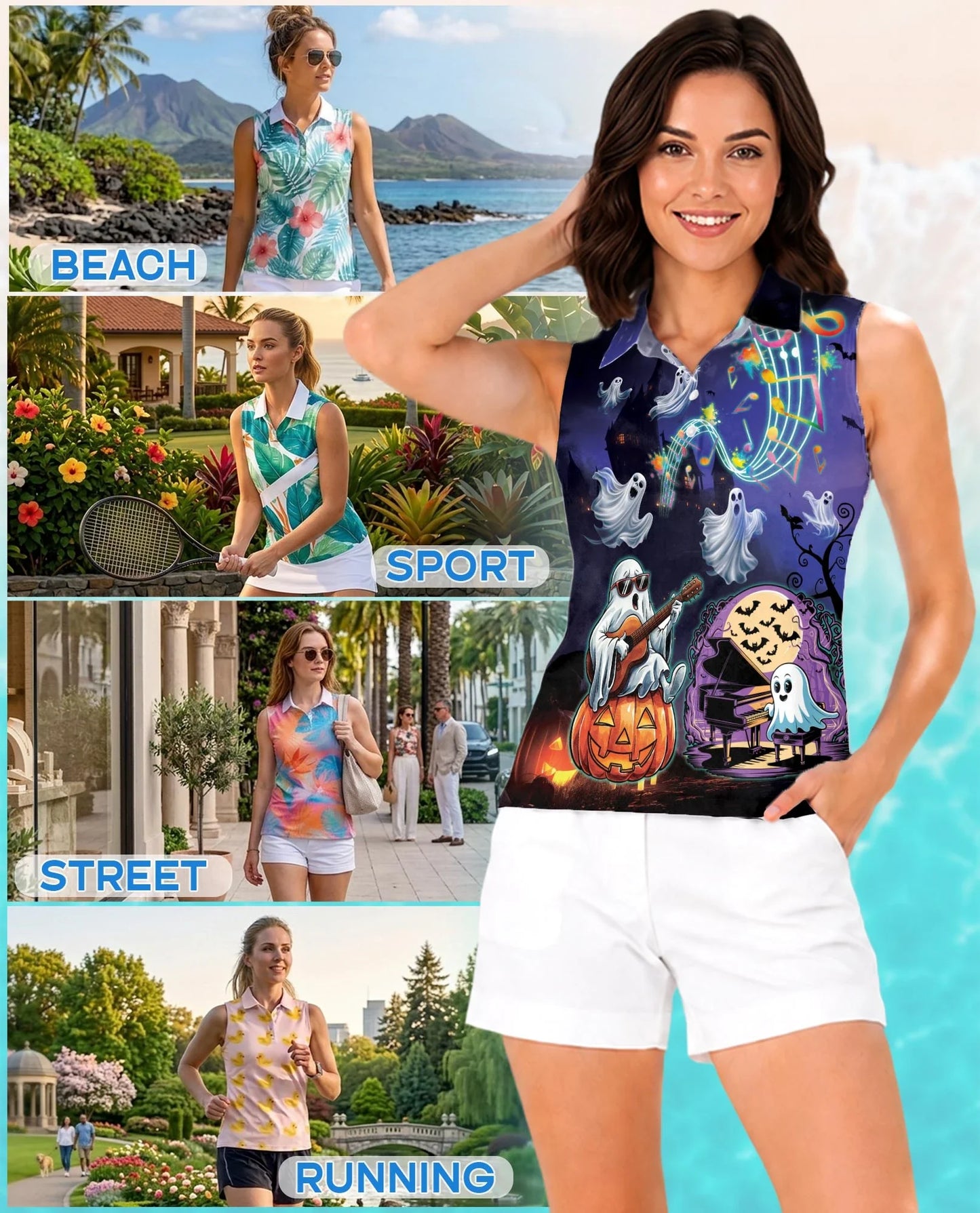 Music Night Halloween Sleeveless Polo Shirt for Women | Azhawaiian