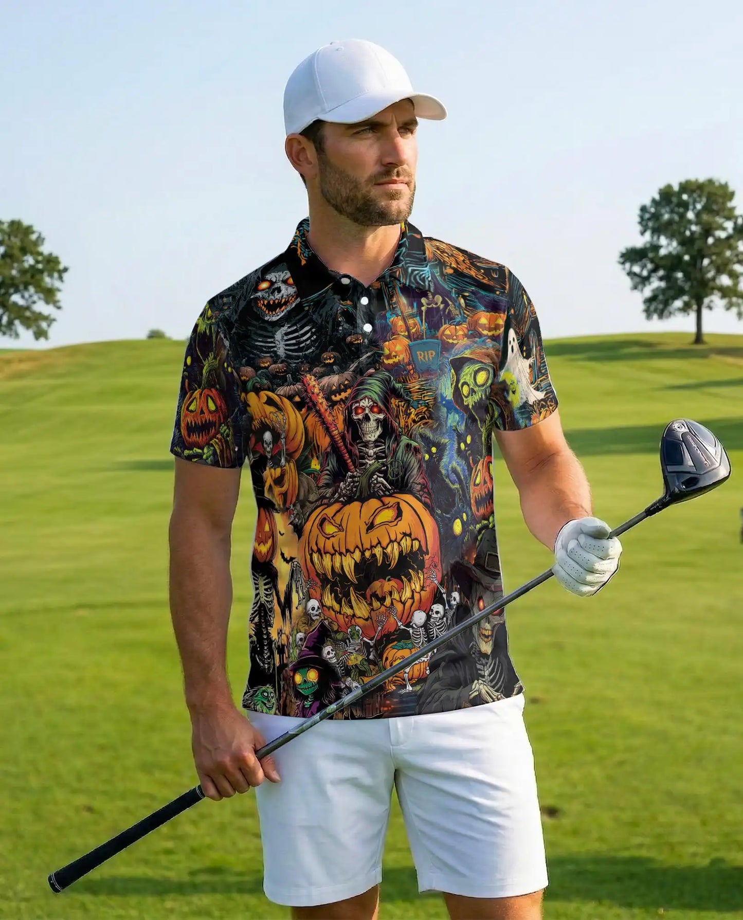 Halloween Monster Polo Shirt for Men, Spooky Pumpkin Style | Azhawaiian