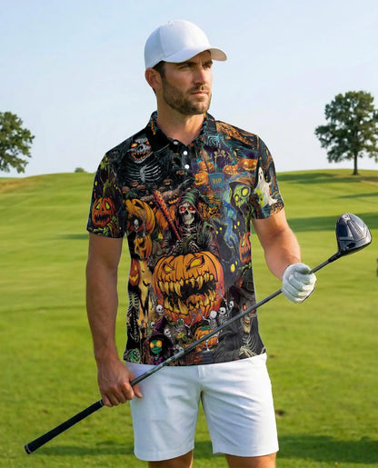 Halloween Monster Polo Shirt for Men, Spooky Pumpkin Style | Azhawaiian