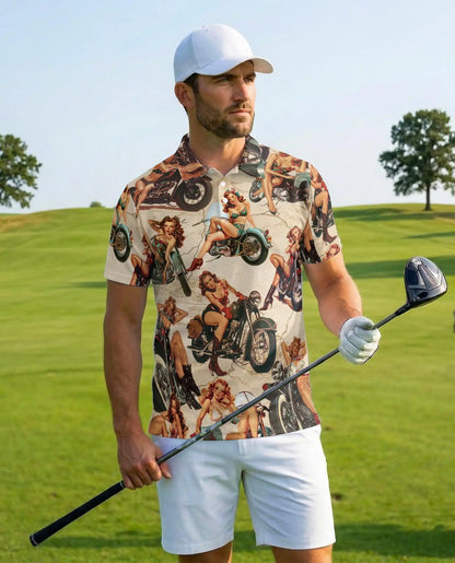 Vintage Pin Up Motorcycle Polo Shirt - Retro Biker Style | Azhawaiian