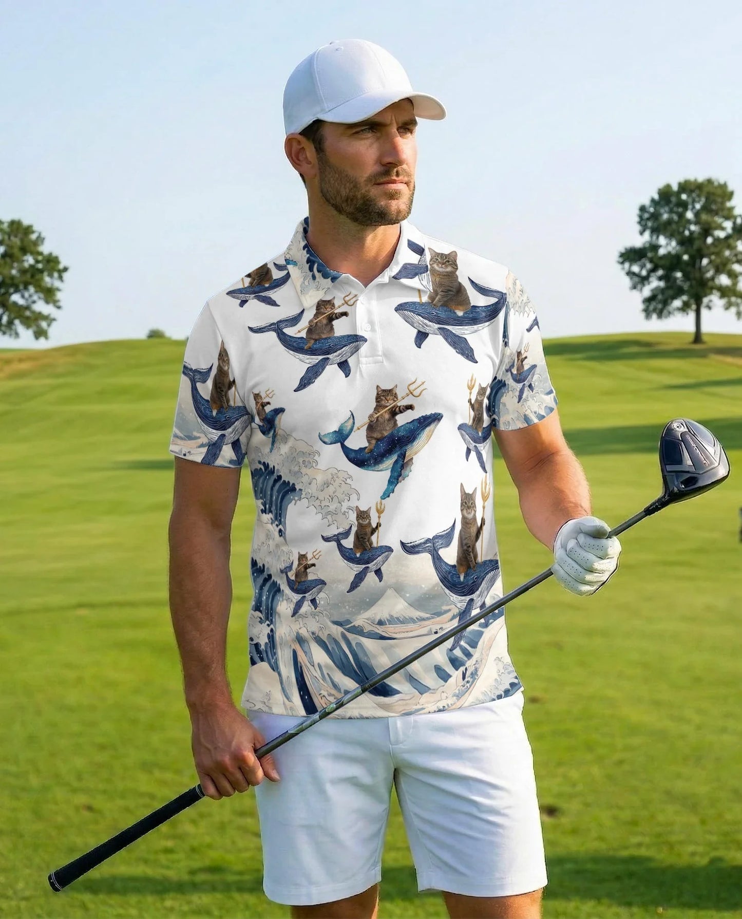 Cat Riding Whale Polo Shirt for Men, Funny Ocean Animal Style | Azhawaiian