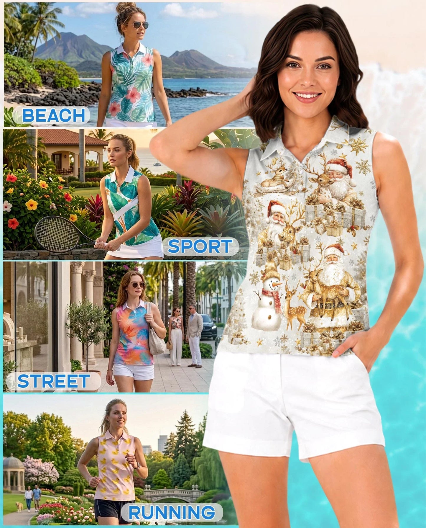 Christmas Golden Sleeveless Polo Shirt for Women, Elegant Holiday Style | Azhawaiian