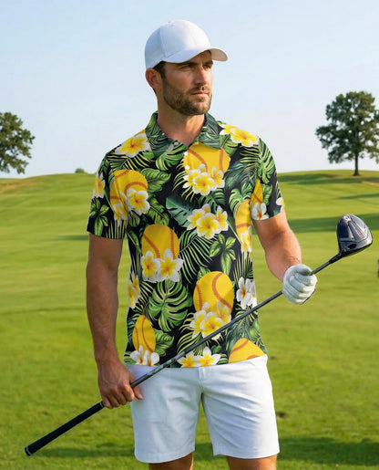 Softball Plumeria Polo Shirt for Men, Tropical Floral Style | Azhawaiian