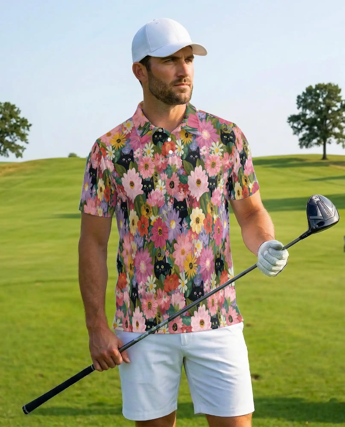 Black Cat Floral Polo Shirt - Colorful Garden Kitty Style | Azhawaiian