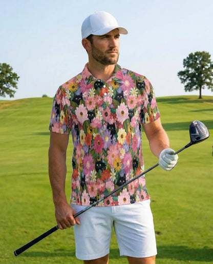 Black Cat Floral Polo Shirt - Colorful Garden Kitty Style | Azhawaiian
