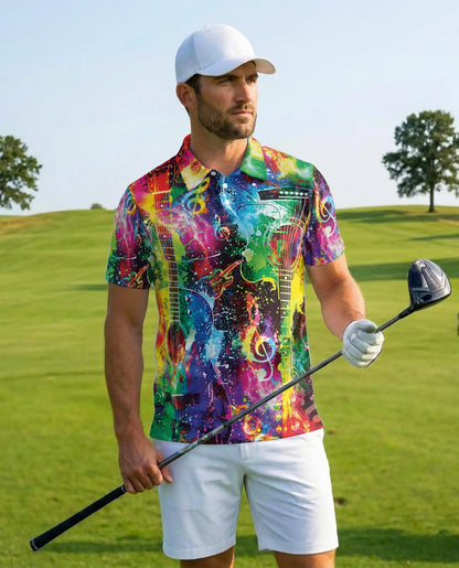 Colorful Guitar Polo Shirt, Music Lover Art Style | Azhawaiian