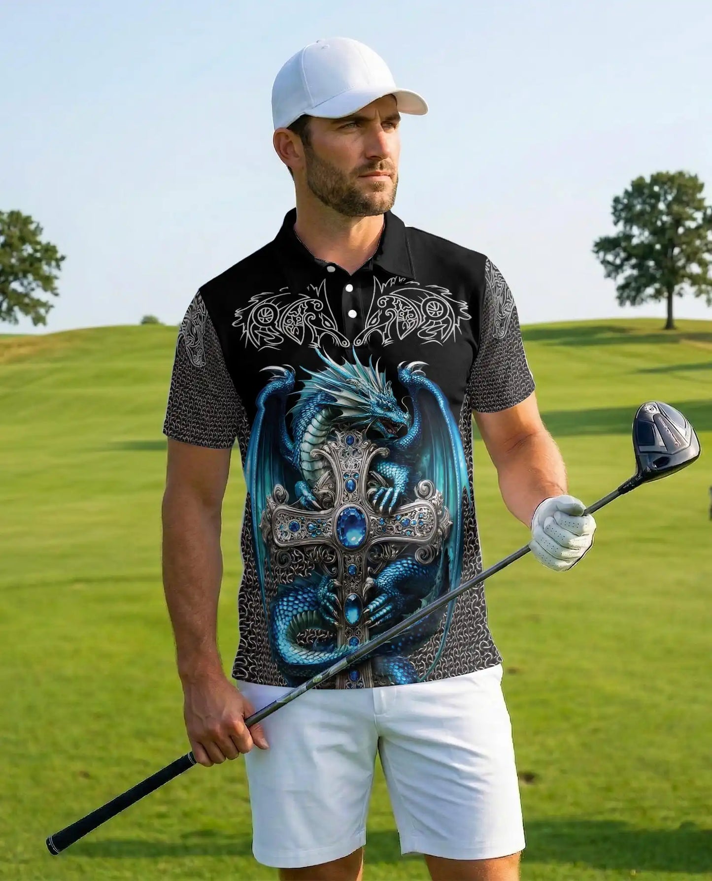 Blue Dragon Cross Polo Shirt for Men - Fantasy Medieval Dragon | Azhawaiian