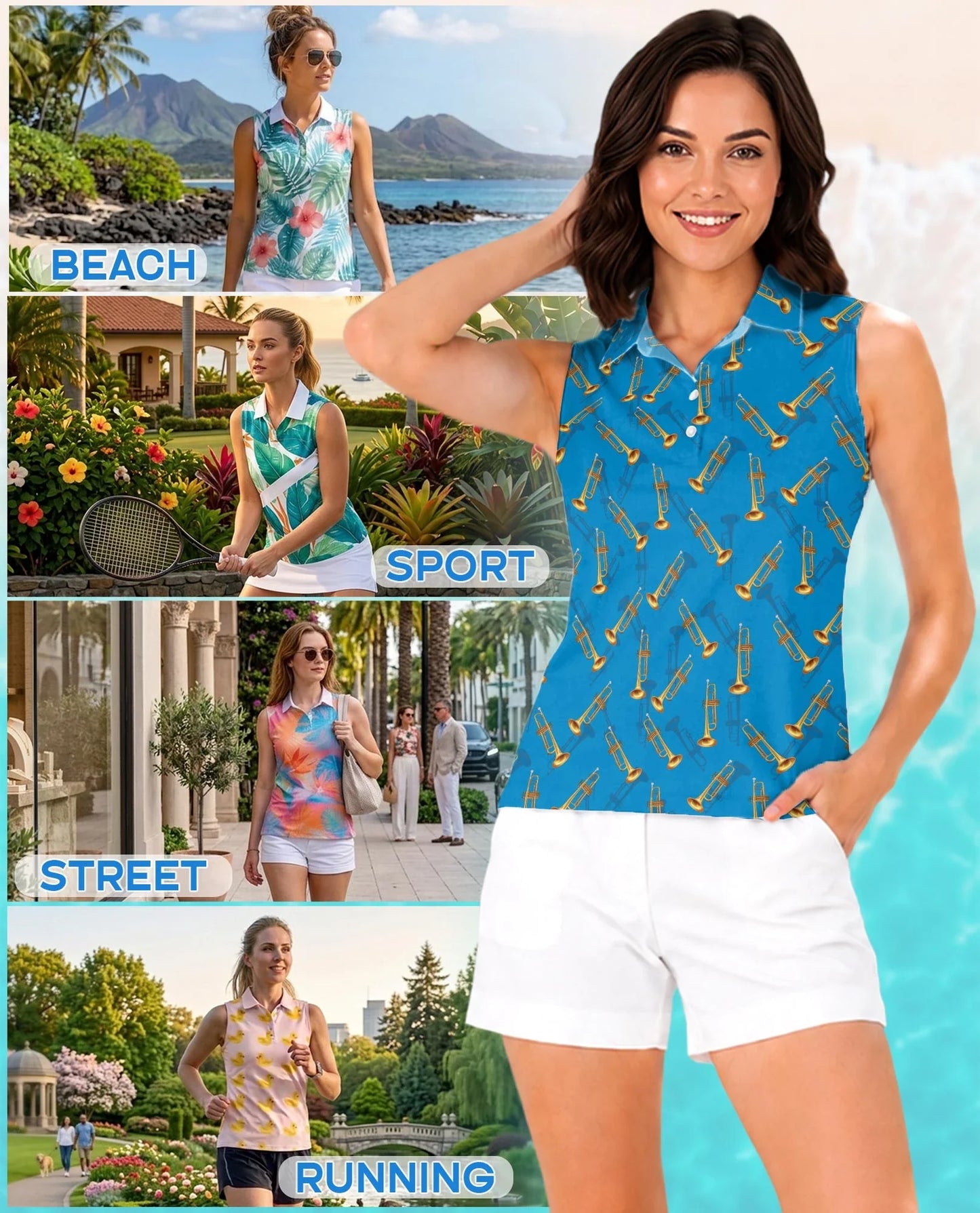 Trombone Pattern Sleeveless Polo Shirt for Women | Azhawaiian
