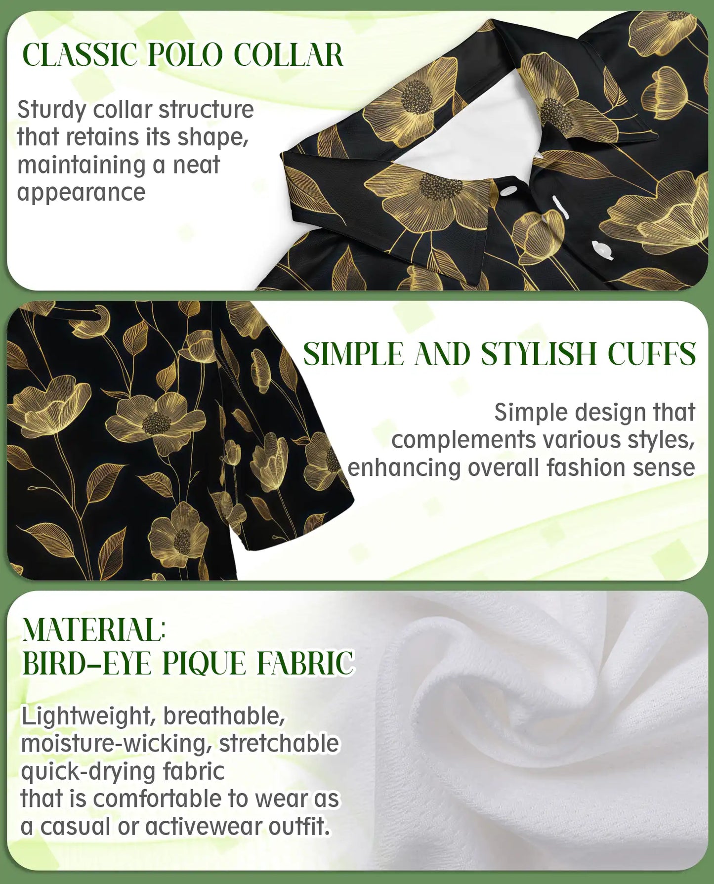 Elegant Gold Floral Polo Shirt for Men- Black Luxury  Pattern Shirt | Azhawaiian