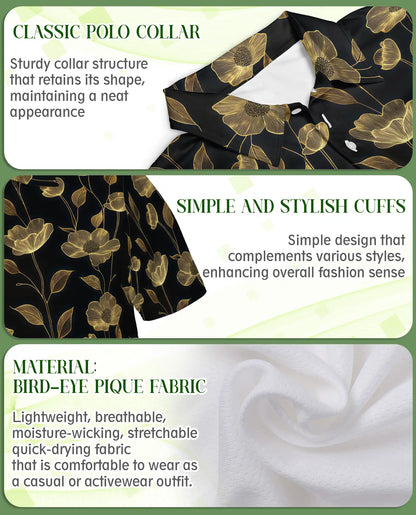 Elegant Gold Floral Polo Shirt for Men- Black Luxury  Pattern Shirt | Azhawaiian