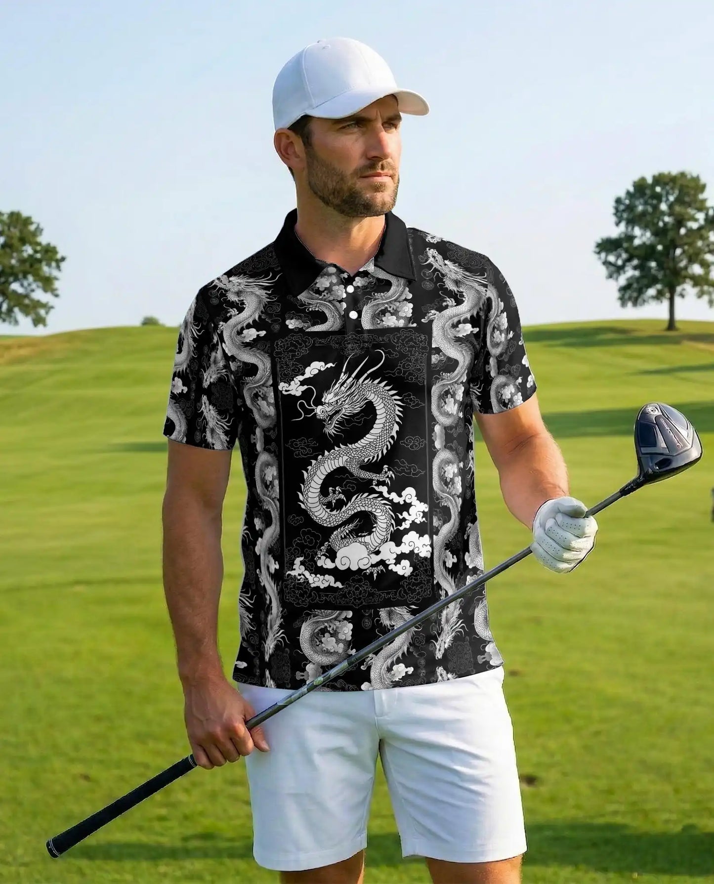 Black White Asian Dragon Polo Shirt for Men - Oriental Dragon Art | Azhawaiian
