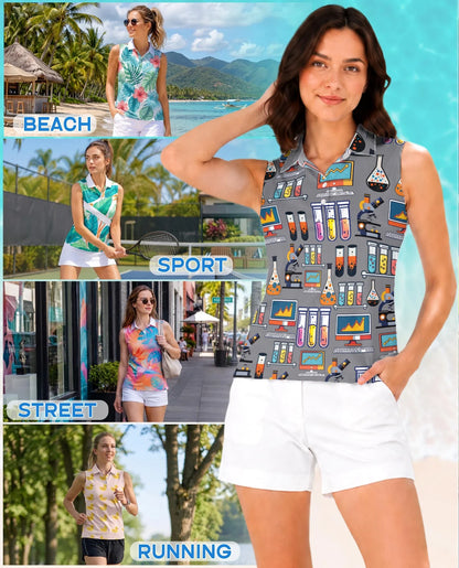 Science Lab Doodle Pattern Sleeveless Polo Shirt for Women | Azhawaiian