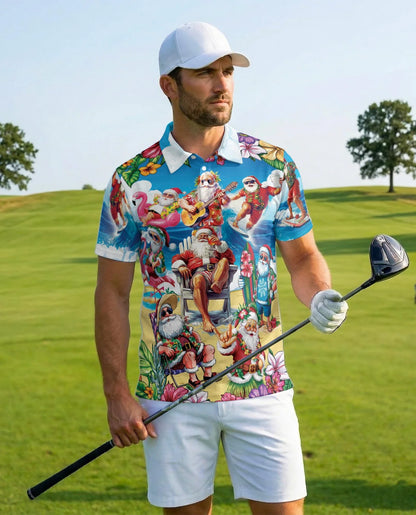 Funny Surfing Santa Polo Shirt for Men, Christmas Beach Style | Azhawaiian