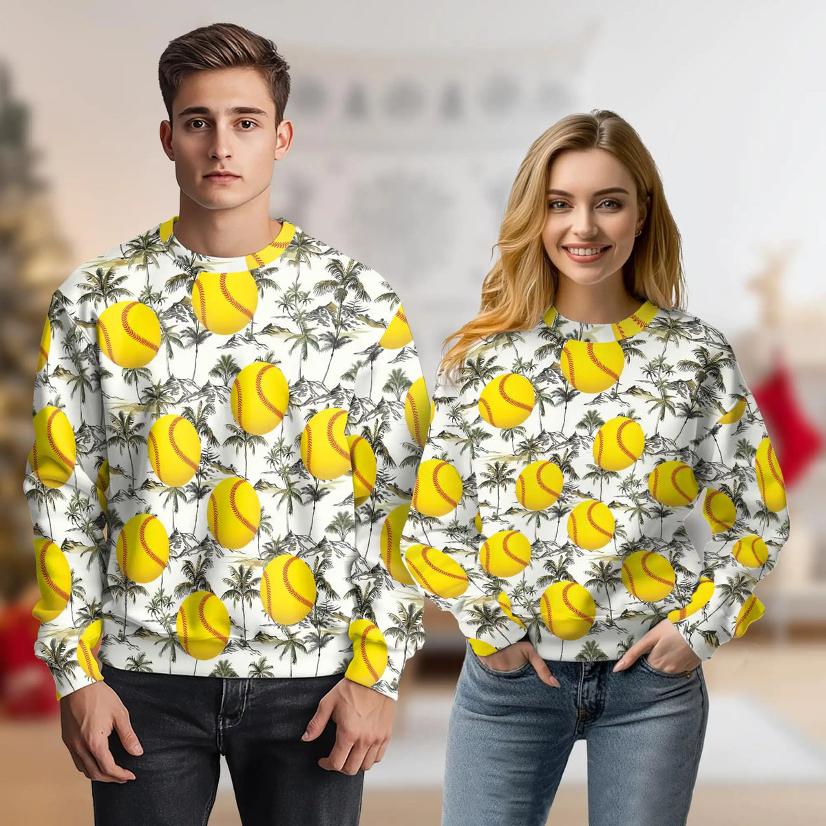 Yellow Softball Palm Tree Sweatshirt – Tropical 3D All Over Print Design