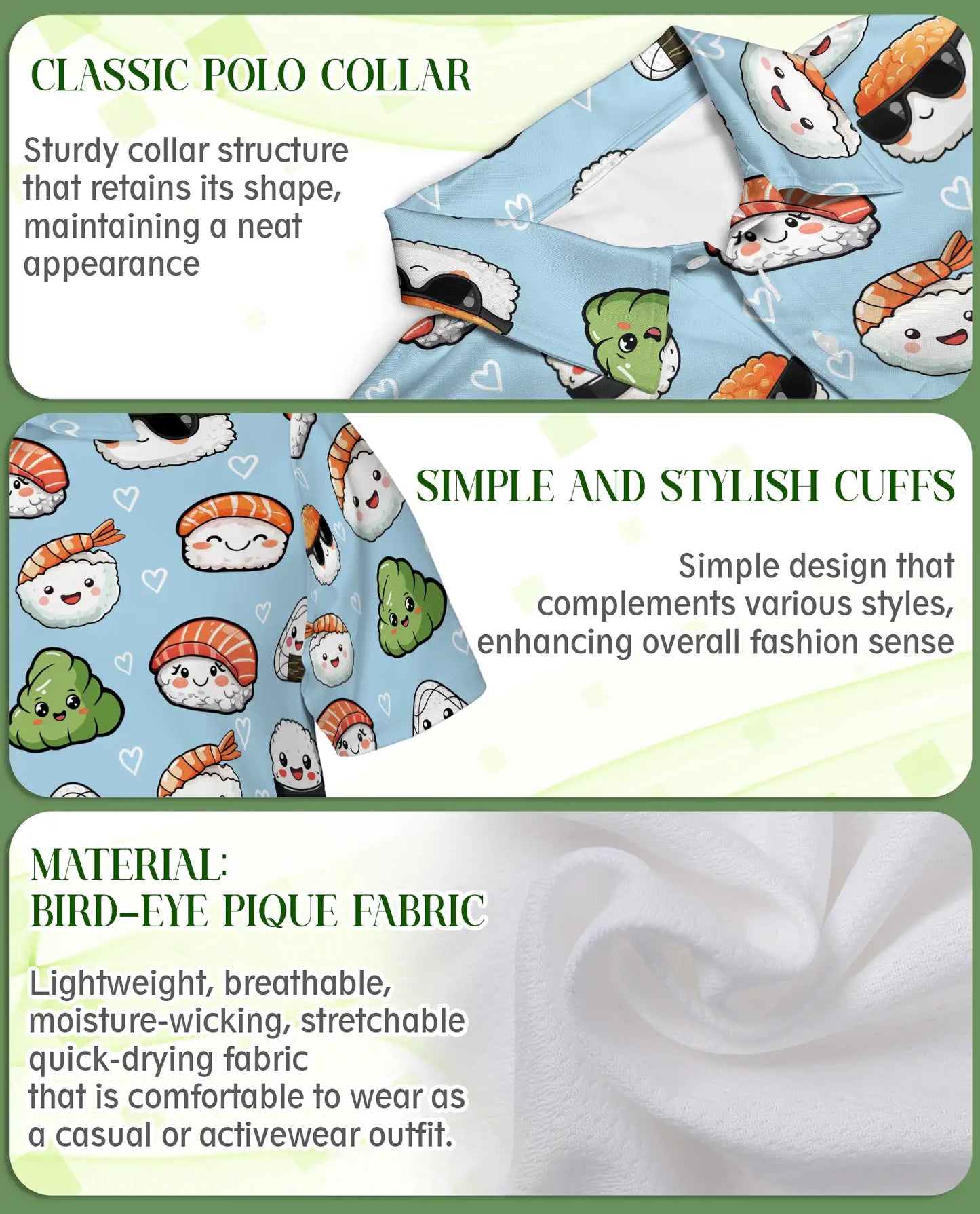 Cute Sushi Polo Shirt, Kawaii Food Print | Azhawaiian