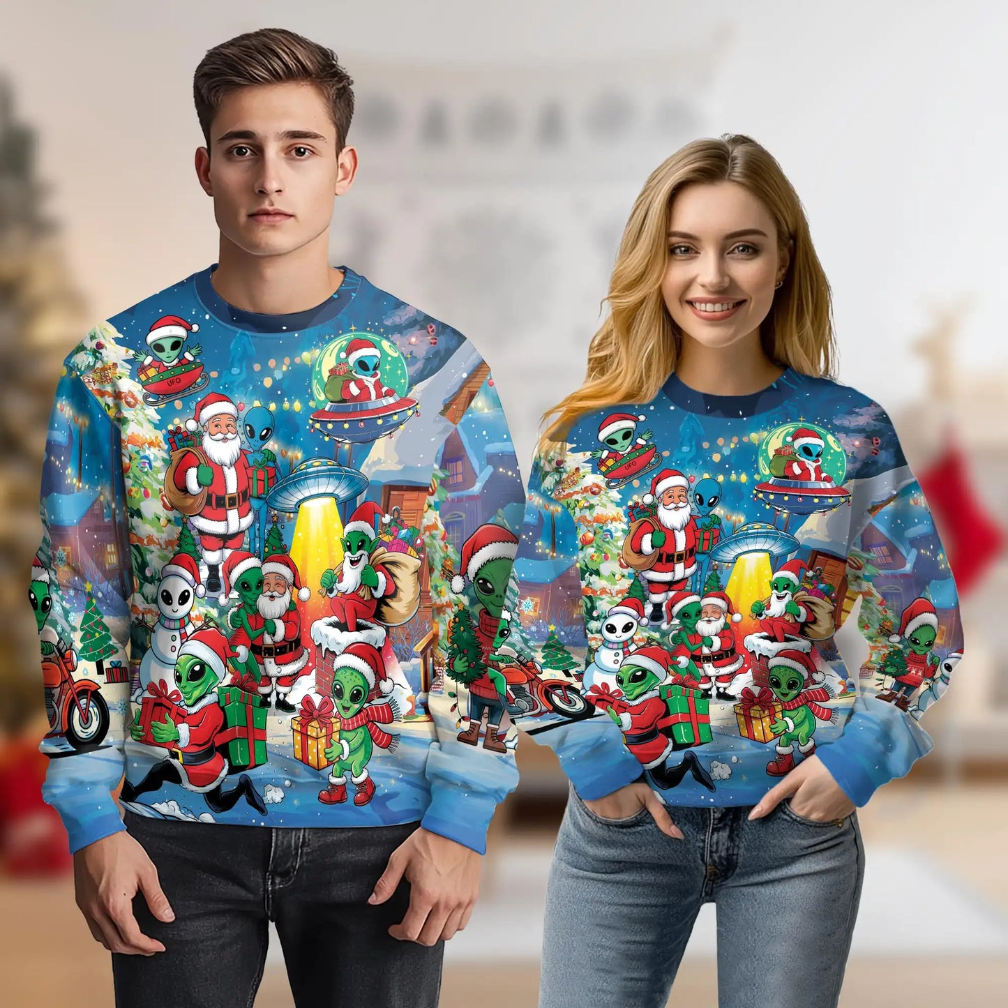Alien and Santa Claus Christmas Sweatshirt – Christmas 3D All Over Print Design