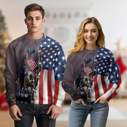American Flag Kneeling Soldier and Cross Sweatshirt – Colorful Graphic 3D All Over Print Design