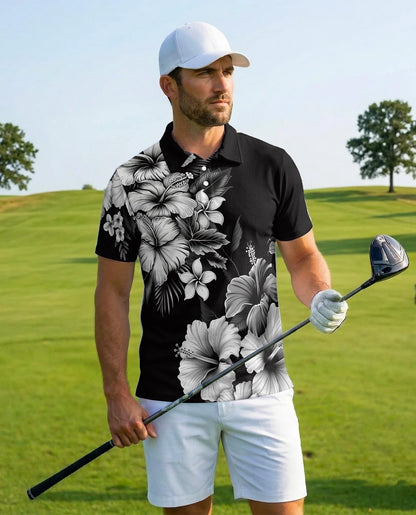 Black White Hibiscus Polynesian Polo Shirt for Men, Tribal Island Style | Azhawaiian