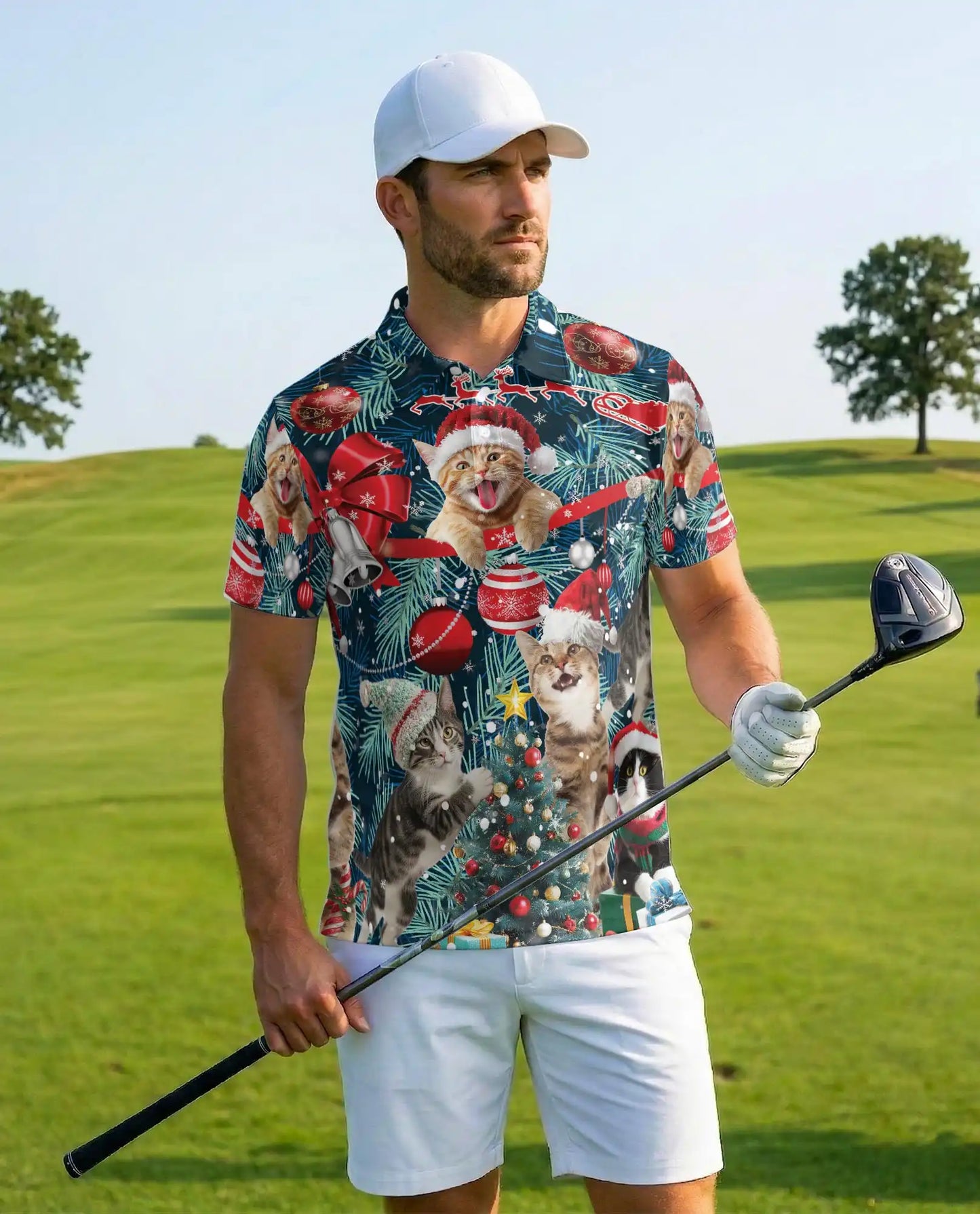 Christmas Cat Polo Shirt - Funny Holiday Kitty Style | Azhawaiian