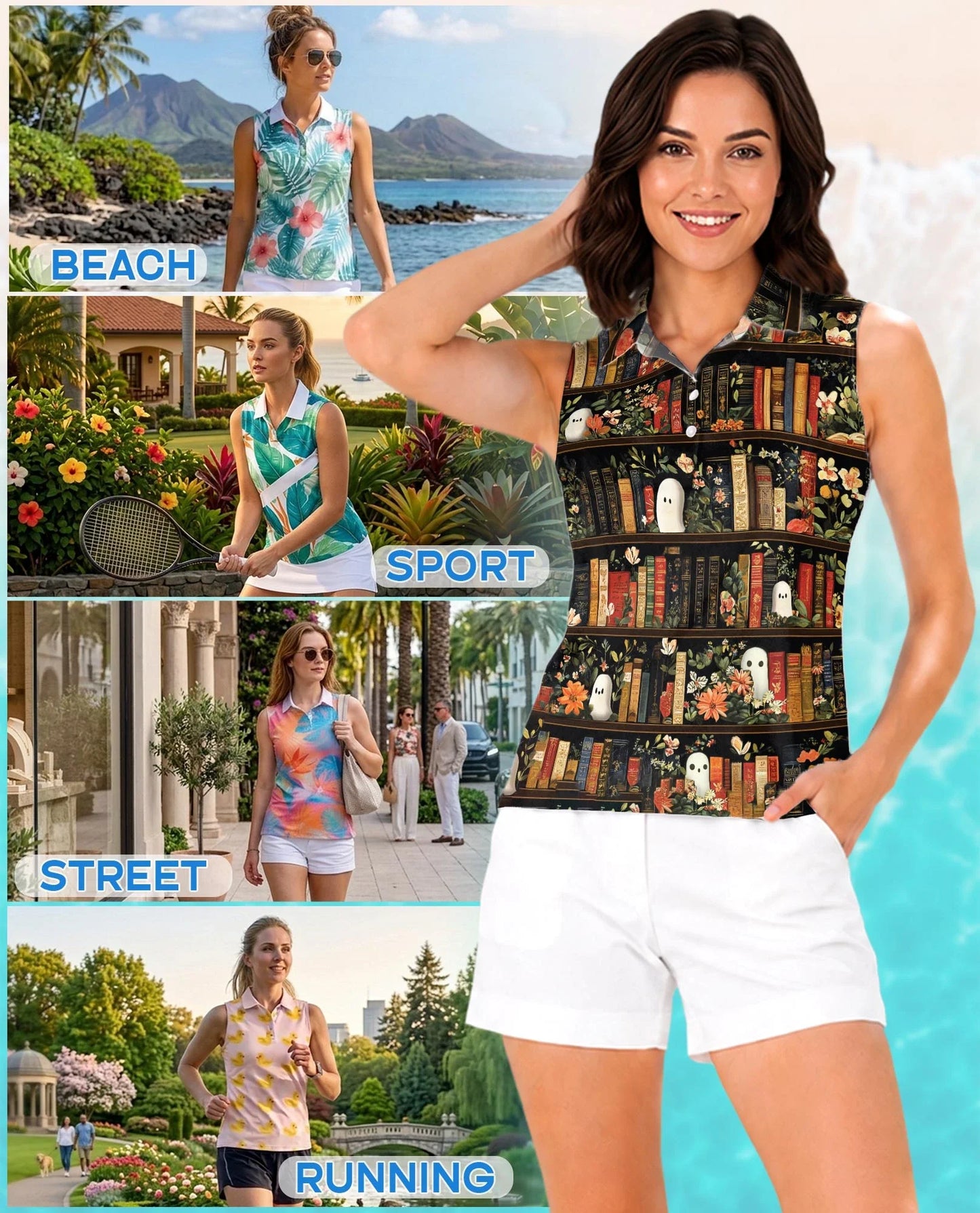 Library Ghost Sleeveless Polo Shirt for Women | Azhawaiian