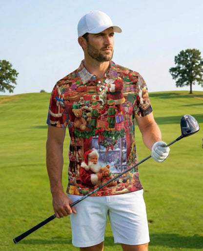 Santa Workshop Polo Shirt, Cozy Christmas Toy Print | Azhawaiian