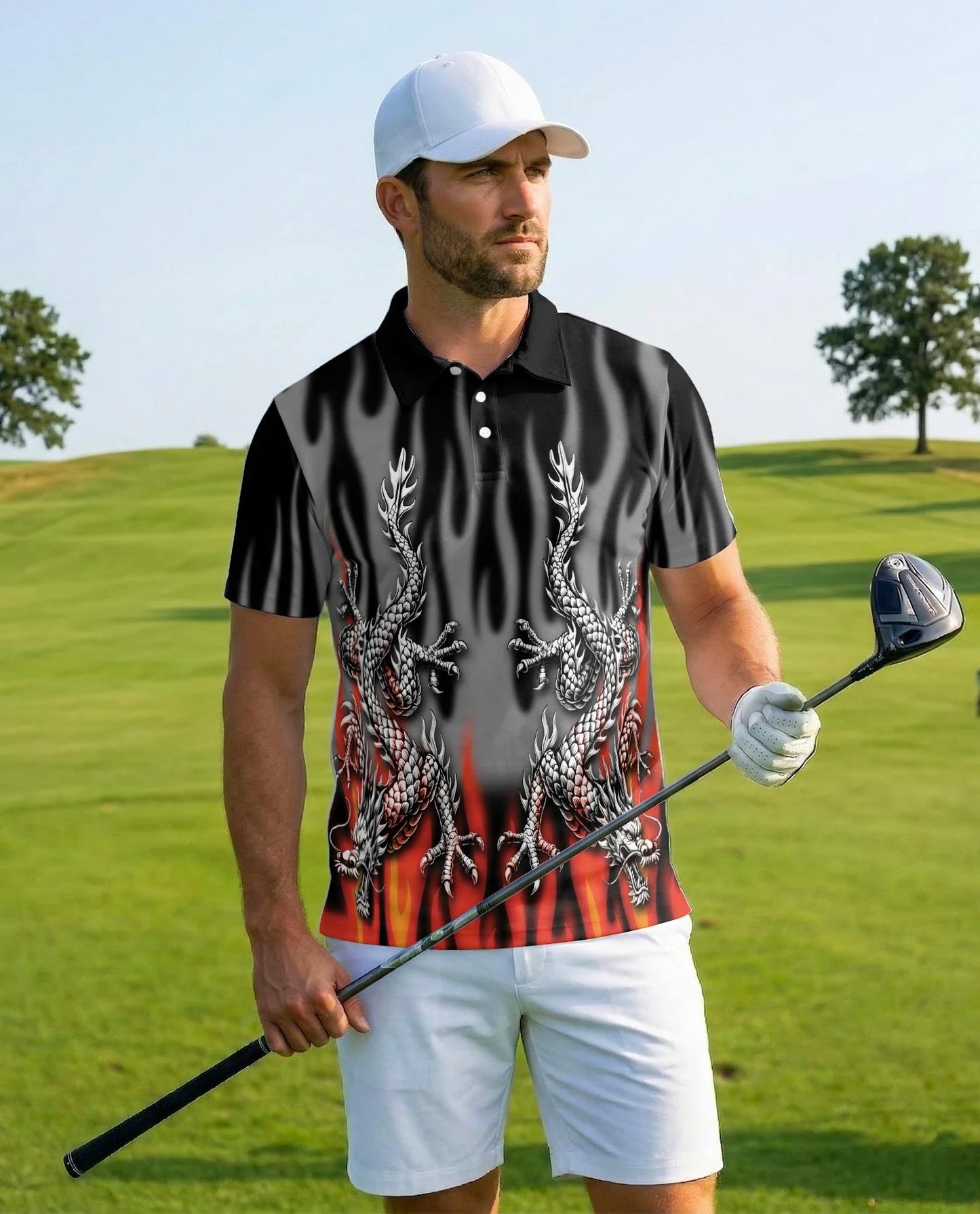 Fire Dragon Polo Shirt for Men, Flaming Fantasy Design | Azhawaiian