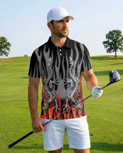 Fire Dragon Polo Shirt for Men, Flaming Fantasy Design | Azhawaiian