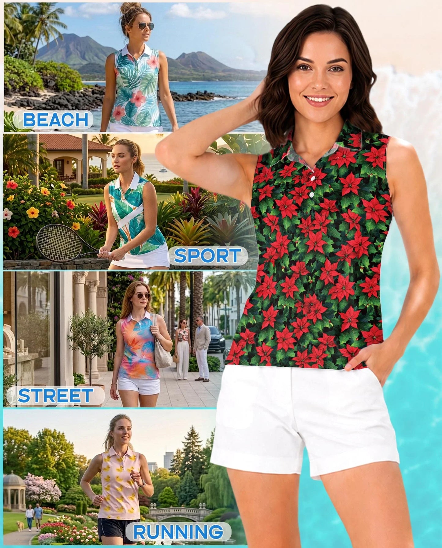 Poinsettia Pattern Sleeveless Polo Shirt for Women | Azhawaiian