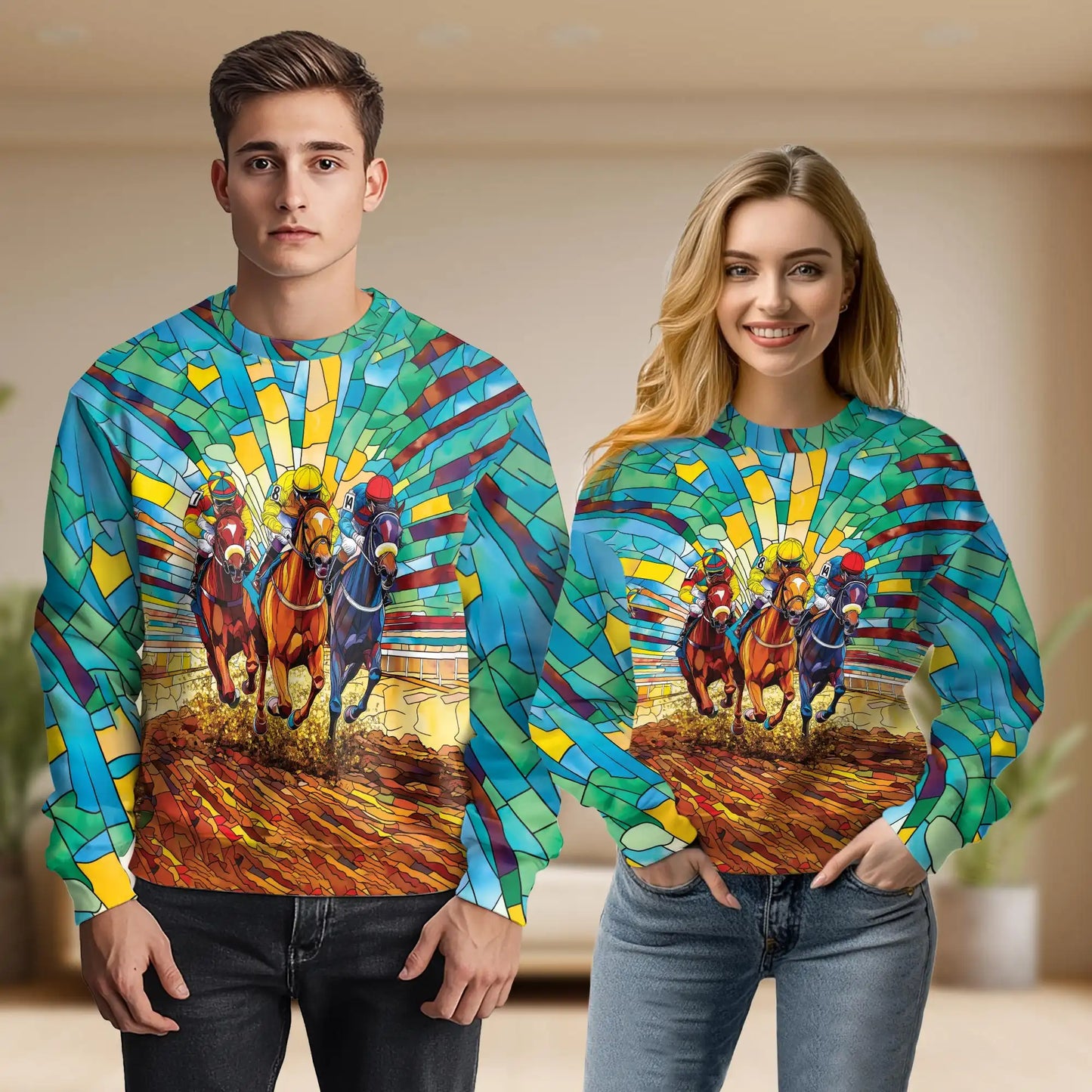 Faux Stained Glass Horse Jockey Sweatshirt – Colorful Graphic 3D All Over Print Design