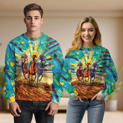 Faux Stained Glass Horse Jockey Sweatshirt – Colorful Graphic 3D All Over Print Design