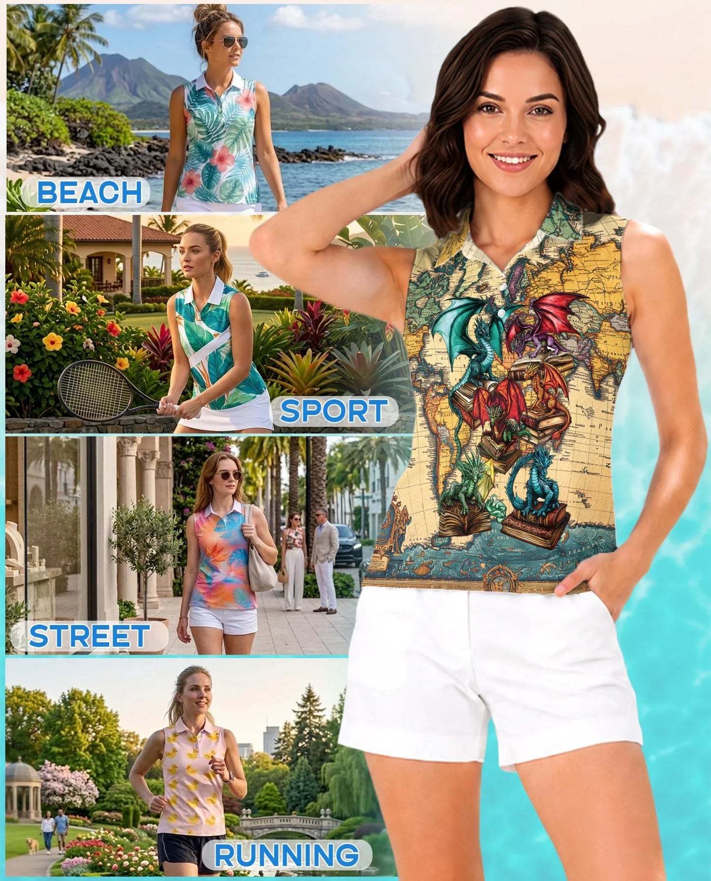 Books Dragon Sleeveless Polo Shirt for Women | Azhawaiian