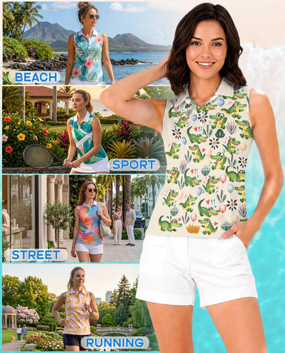 Alligator Pattern Sleeveless Polo Shirt for Women | Azhawaiian