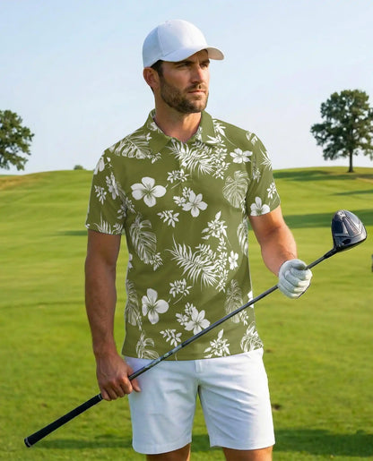 Tropical Floral Polo Shirt - Olive Green Island Style | Azhawaiian