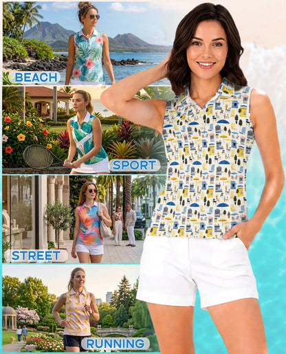 Coastal Beach Scene Pattern Sleeveless Polo Shirt for Women  | Azhawaiian