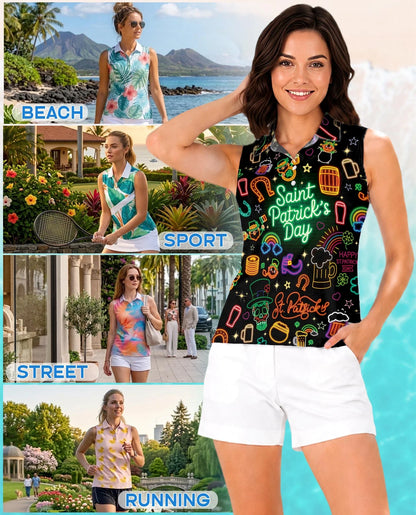 Saint Patrick's Day Neon Sleeveless Polo Shirt for Women | Azhawaiian
