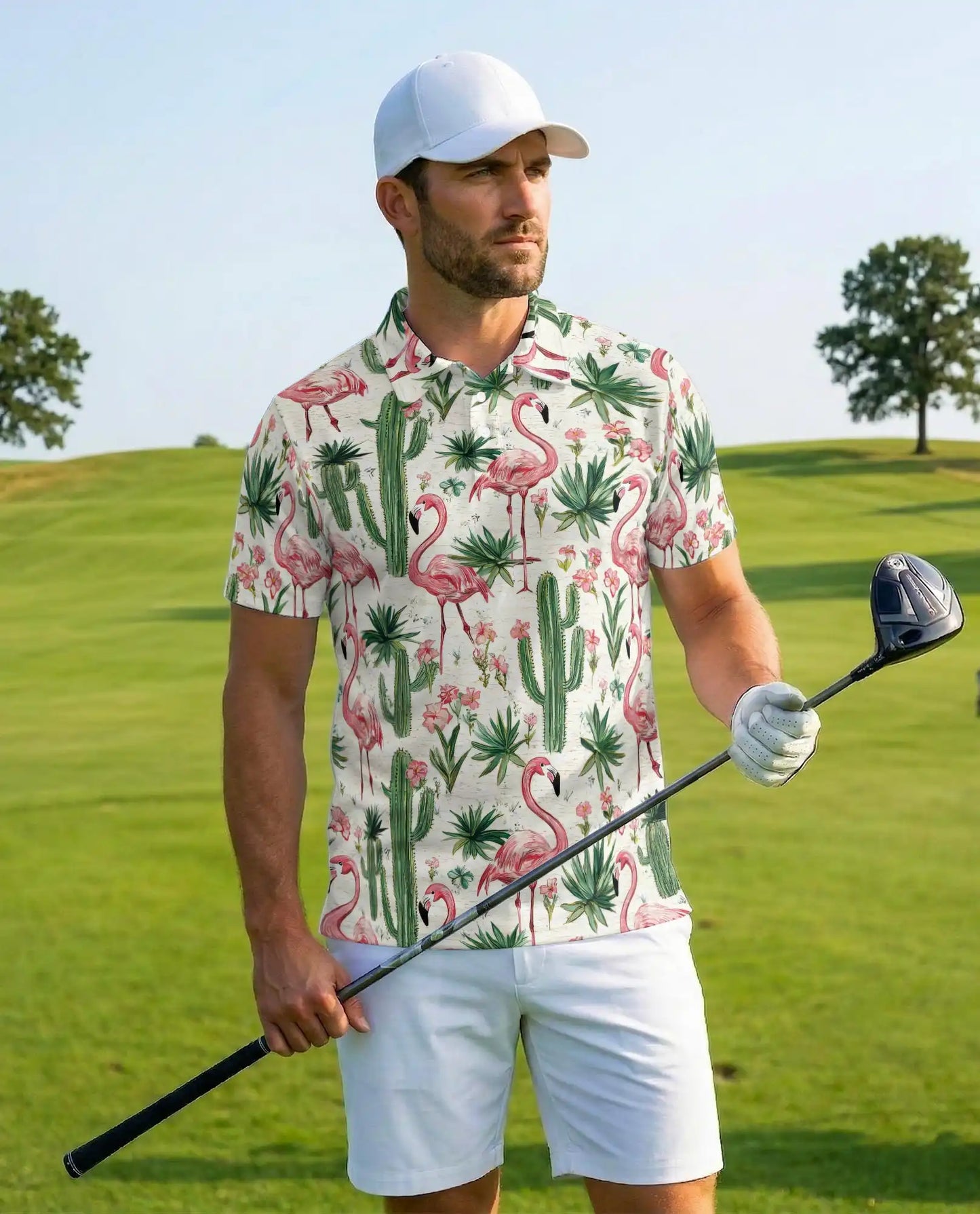 Pink Flamingo Cactus Polo Shirt - Tropical Desert Garden Style | Azhawaiian