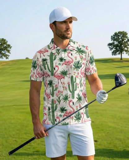 Pink Flamingo Cactus Polo Shirt - Tropical Desert Garden Style | Azhawaiian