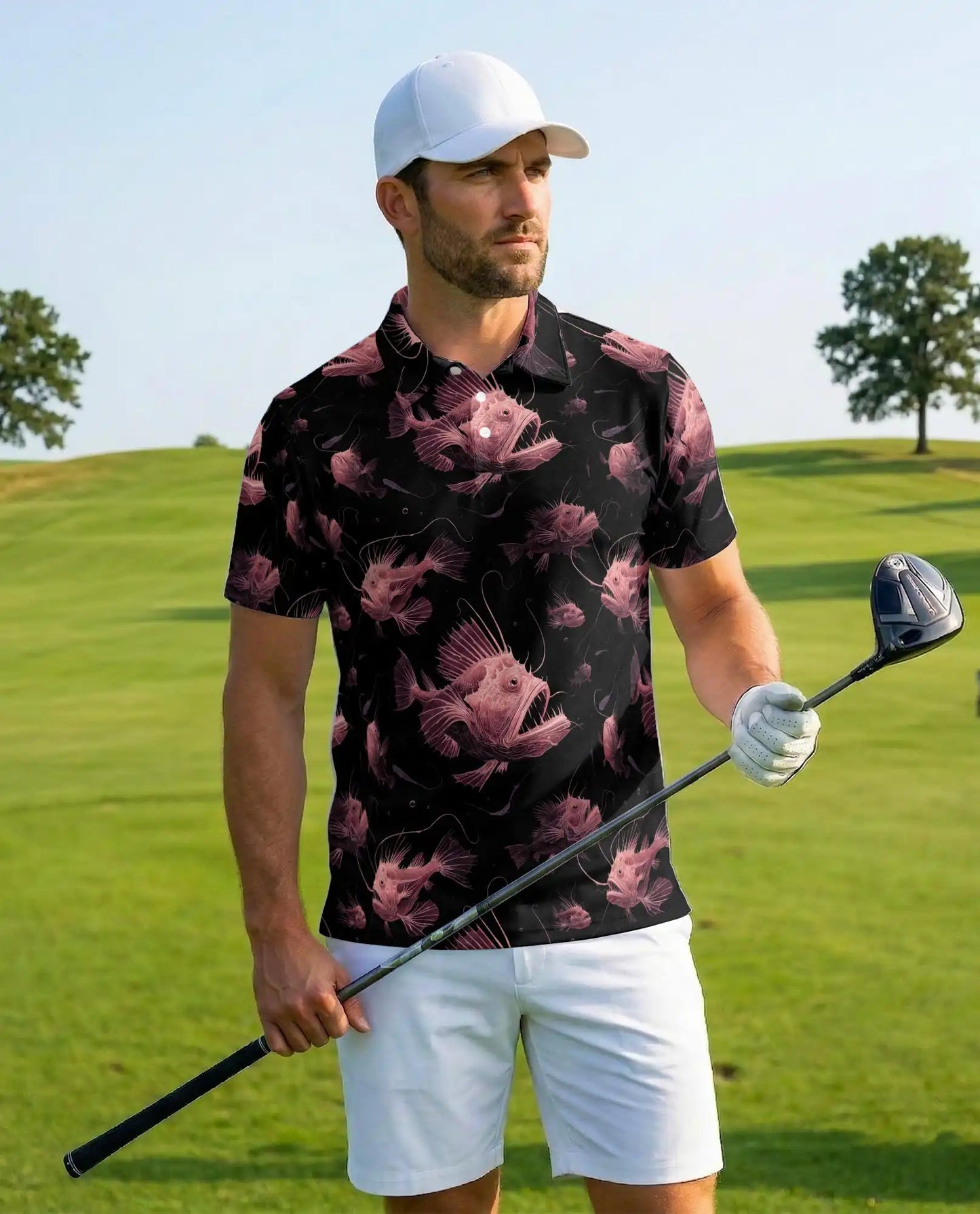 Anglerfish Polo Shirt for Men, Deep Sea Creature Style | Azhawaiian