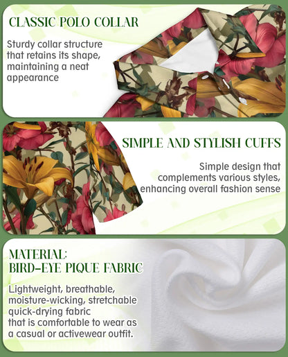 Vintage Lily Garden Floral Polo Shirt-Botanical Flower Pattern Design | Azhawaiian