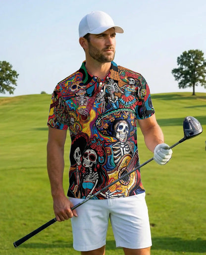 Colorful Skeleton Guitar Polo Shirt for Men, Musical Skull Design | Azhawaiian