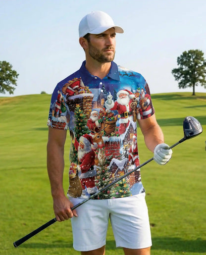 Santa Claus Christmas Village 3D Polo Shirt for Men, Festive Holiday Style | Azhawaiian