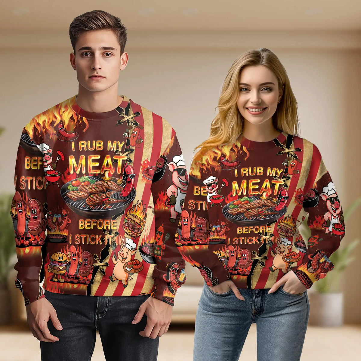 Funny BBQ Grilling Pig Sweatshirt – Colorful Graphic 3D All Over Print Design