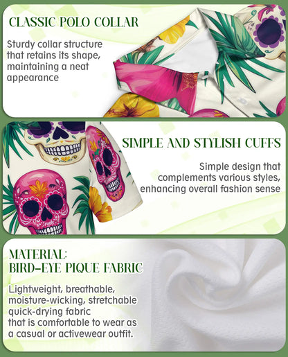Sugar Skull Polo Shirt, Tropical Floral Print | Azhawaiian