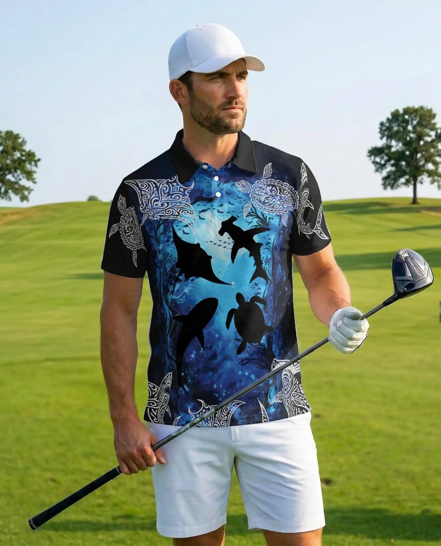 Ocean Turtle Shark Polo Shirt for Men, Tribal Sea Style | Azhawaiian