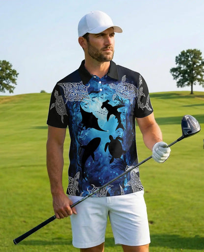 Ocean Turtle Shark Polo Shirt for Men, Tribal Sea Style | Azhawaiian