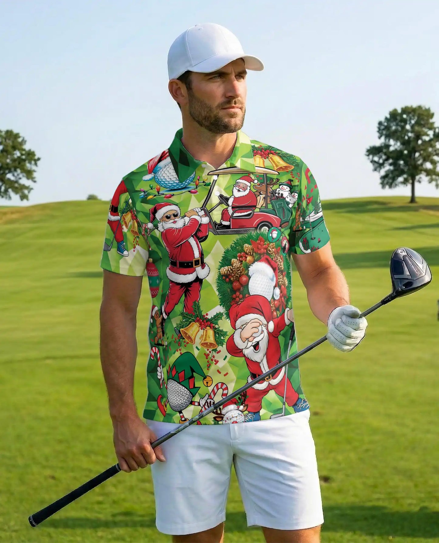 Funny Santa Golf 3D Polo Shirt for Men, Christmas Golfer Holiday Style | Azhawaiian