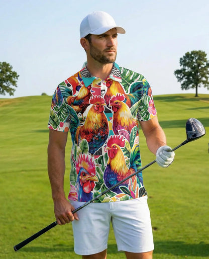 Tropical Rooster Polo Shirt for Men, Colorful Farm Animal Style | Azhawaiian